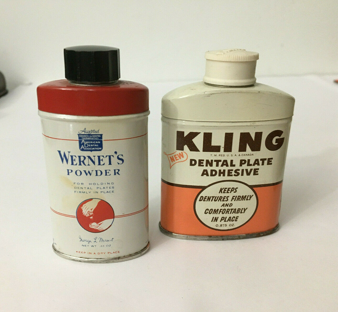 Lot Of 2 Vintage Powder Denture Adhesives Kling And Wernets Sample Tins Prop