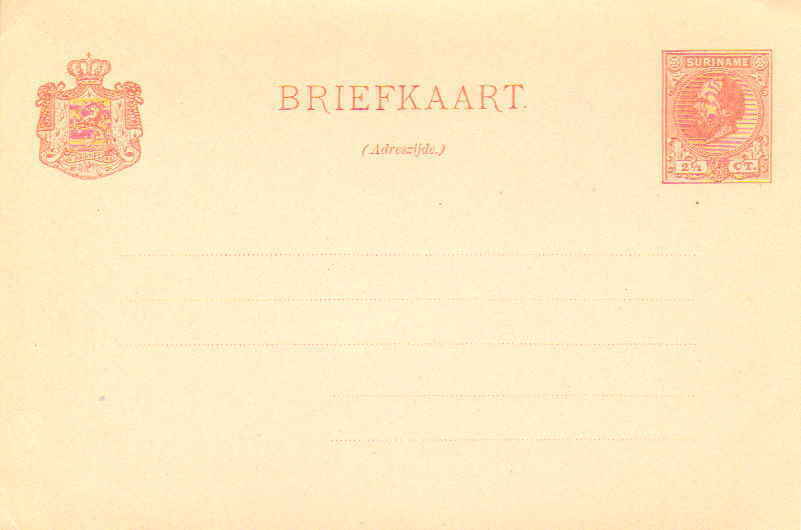 Surinam Higgins & Gage, Scott 7 2 1/2c King William Iii Postal Card.