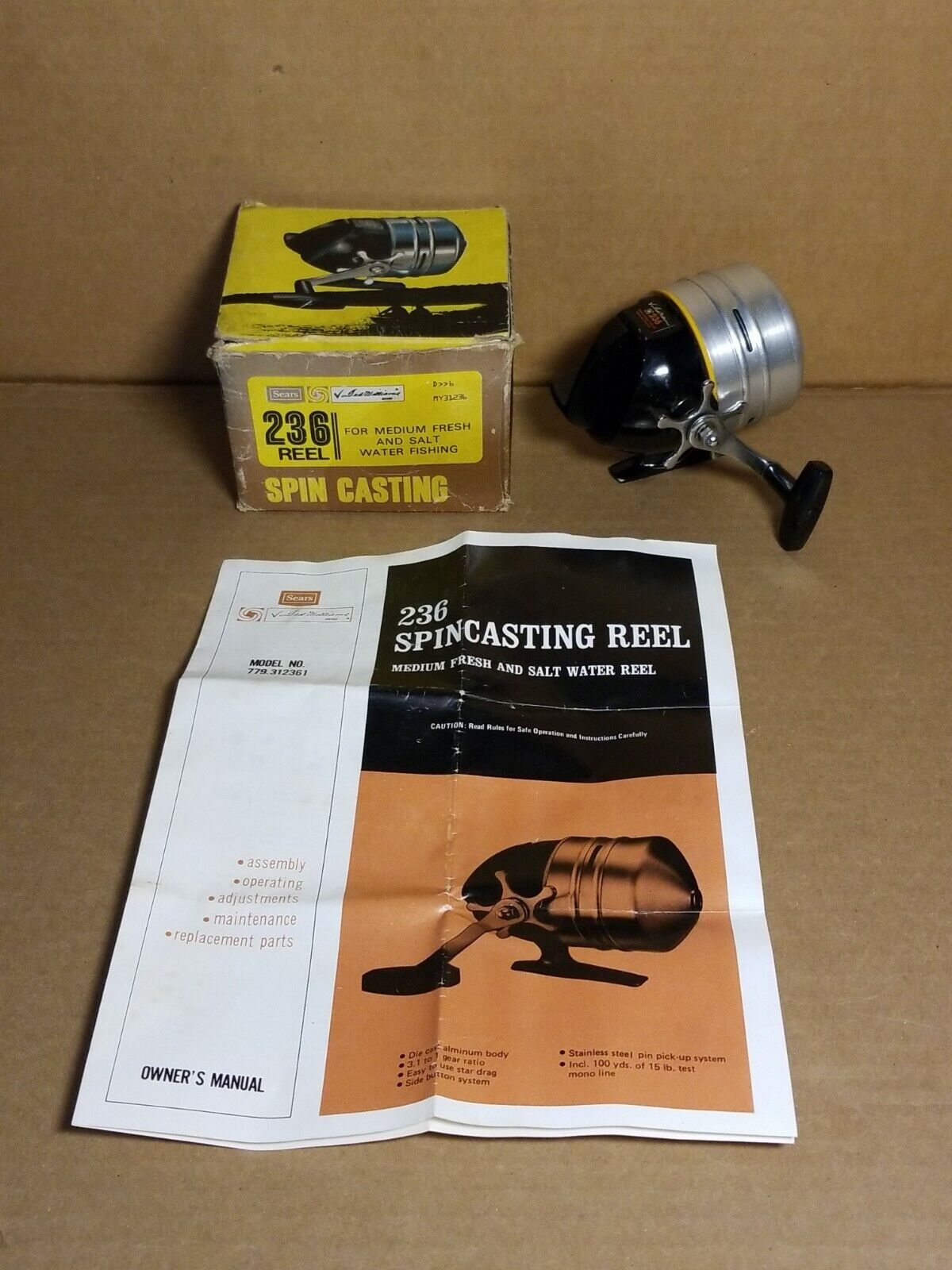 Vtg Ted Williams 236 Spin Cast Reel By Sears & Roebuck With Box & Instructions