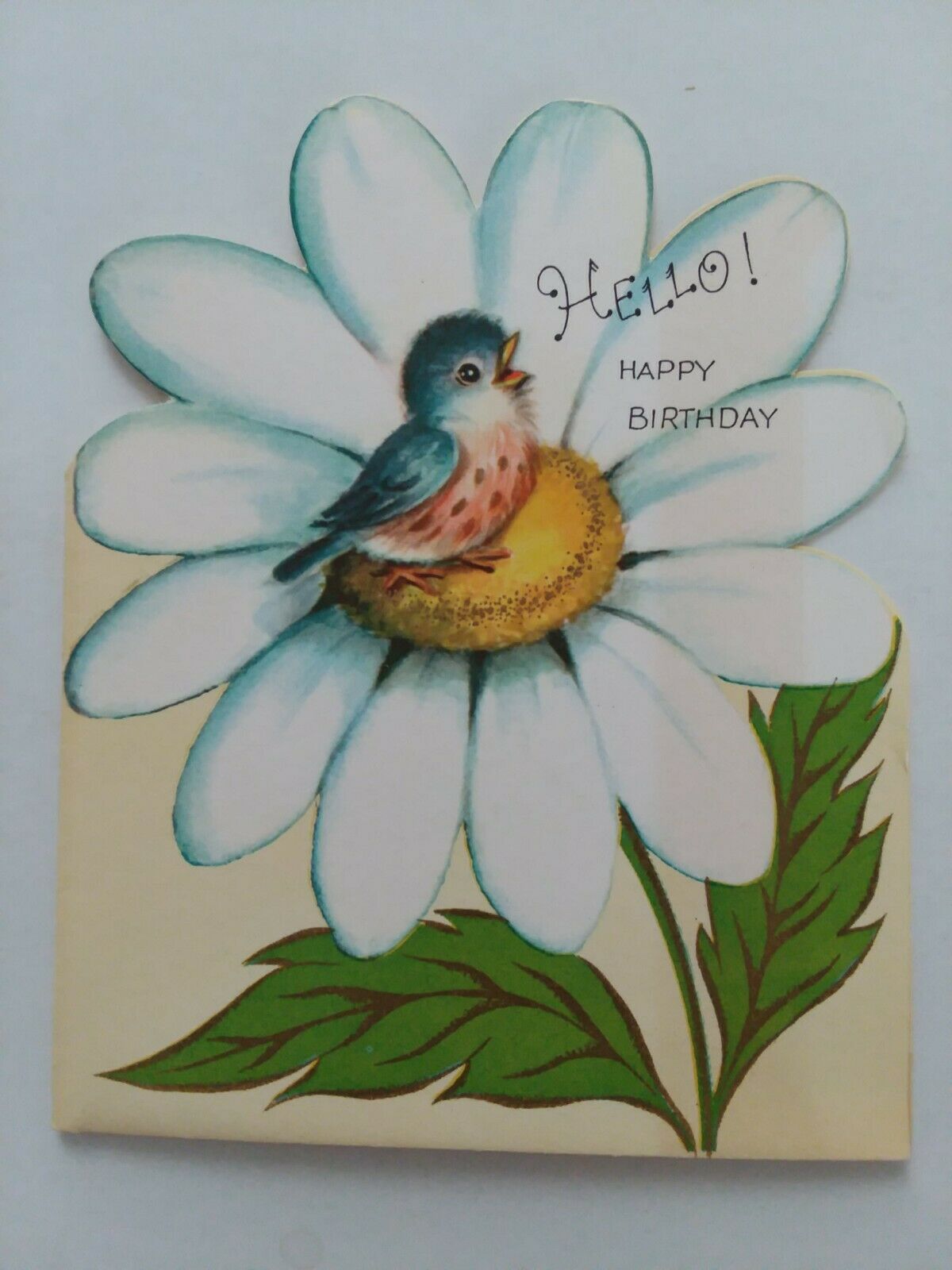 Vtg Bluebird On Daisy Hello Happy Birthday Greeting Card