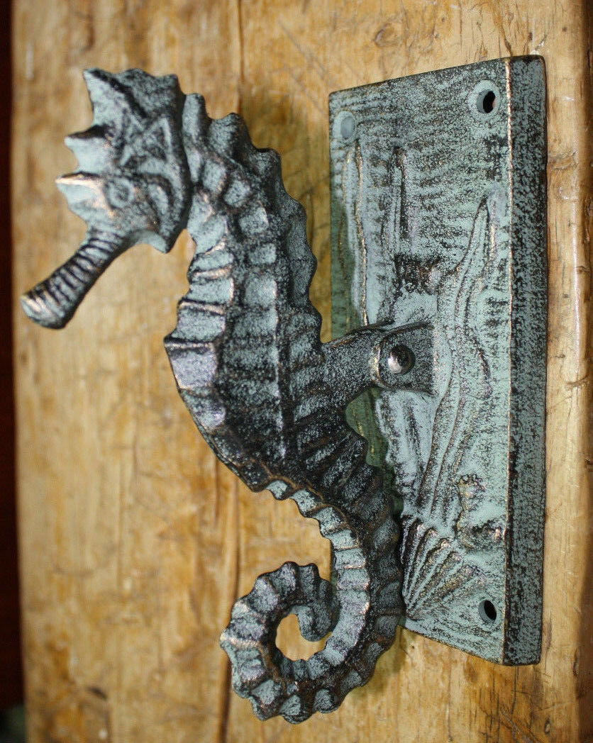 Cast Iron Antique Style Nautical Seahorse Door Knocker Green Finish Sea Shell