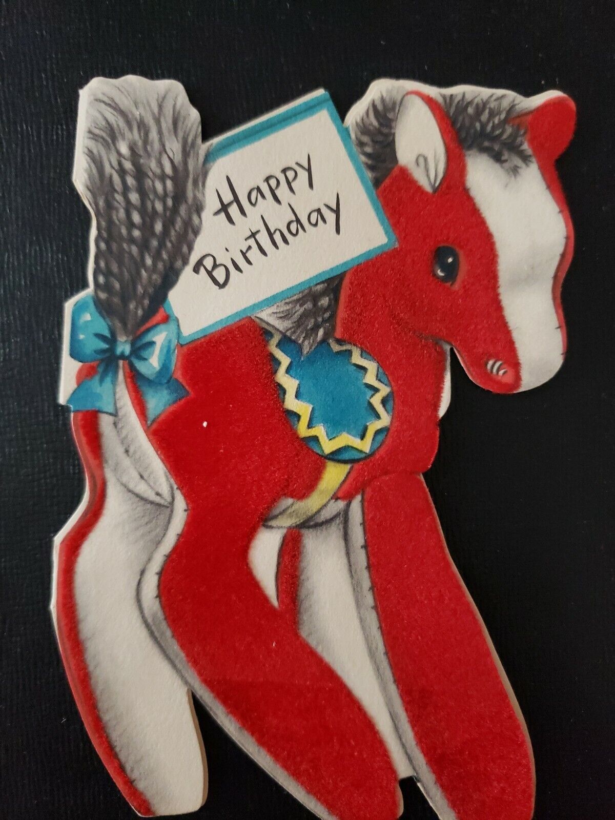 Vtg Hallmark Birthday Greeting Card Diecut Flocked Stuffed Horse Pony 1950s