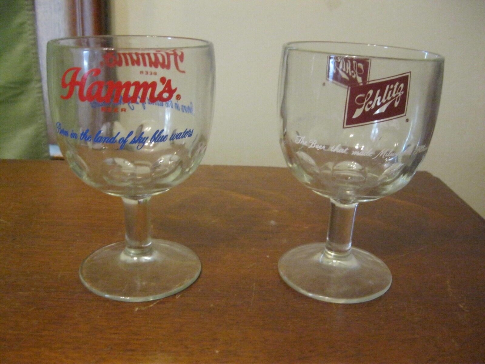 Two Vintage Glass Goblets 16oz. Hamms & Schlitz