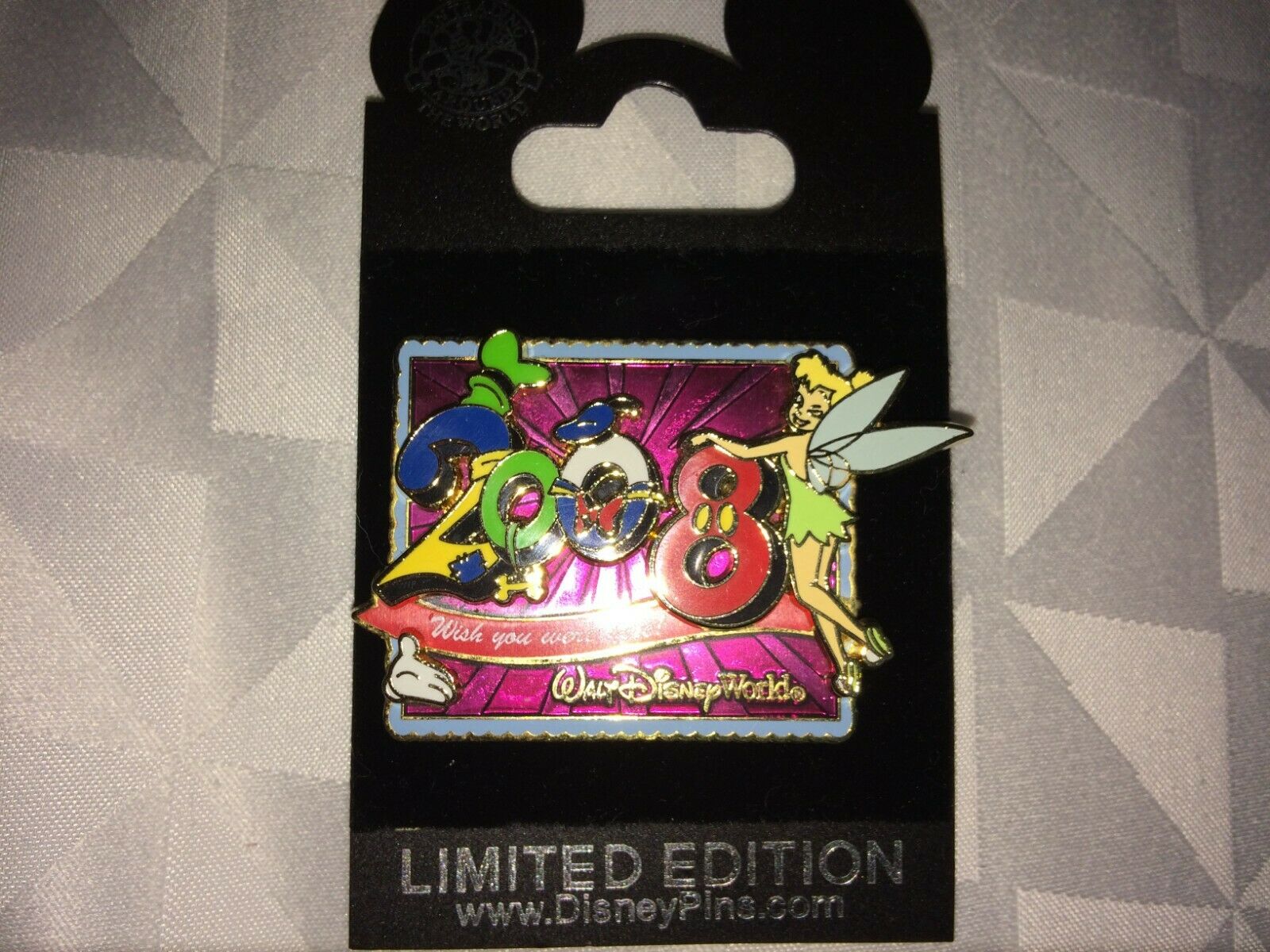 Disney Pin 63459 Wdw - White Glove - Tinker Bell And 2008 Character Logo Le 500