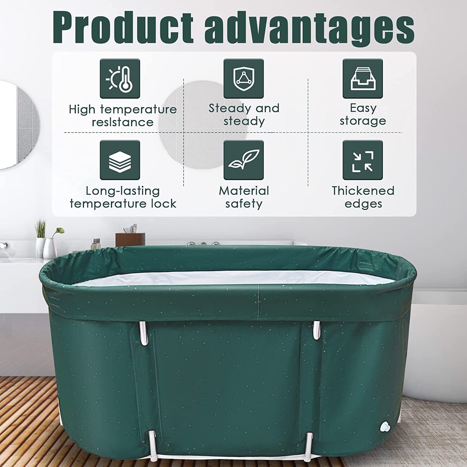 Portable Bathtub Foldable W/cushion Backrest Lid For Adults Hot Water/ice Bath