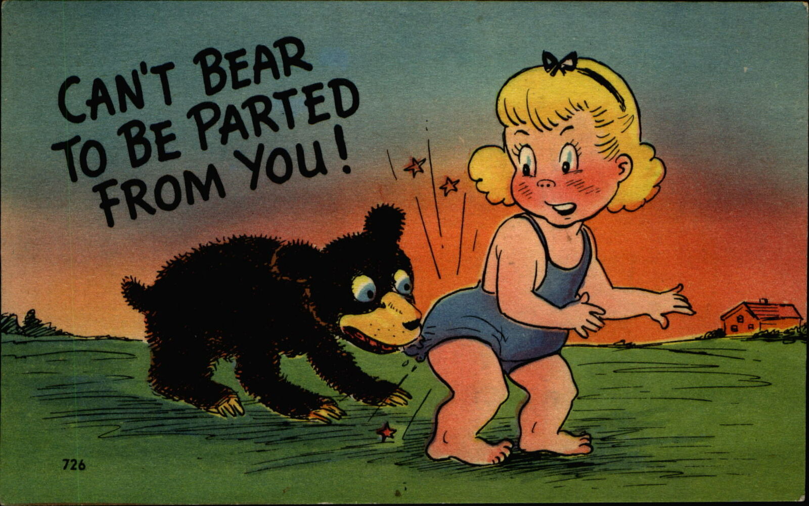 Can't Bear To Be Parted From You~pun Comic~bear Biting Little Girl Butt~1950s