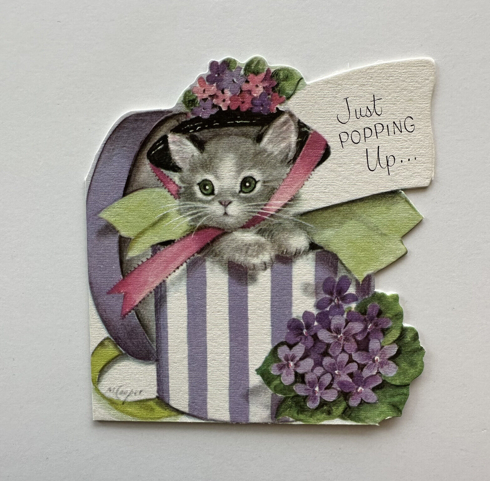 Vintage Marjorie Cooper Birthday Card Gray Kitten Hat Box Violet Flower Die Cut