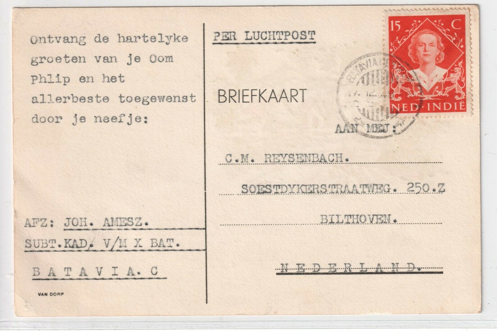 Netherlands Indies  Nvph 349 1948 Single Franking Militair By Airmail  Postcard