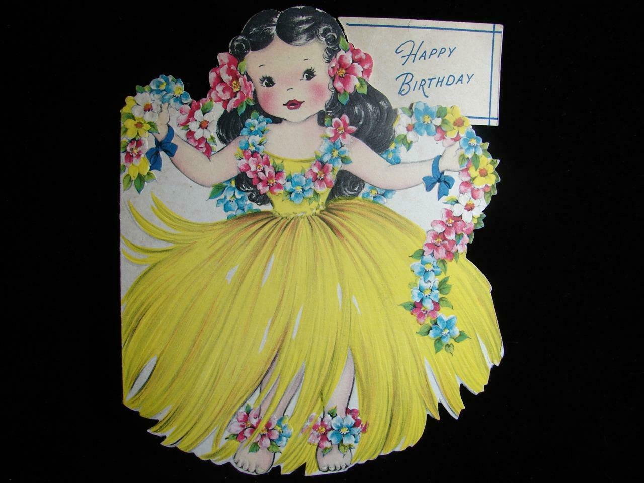 Vintage "in Her Hawaiin Skirt Of Grass - Doll Card!!" Birthday Greeting Card
