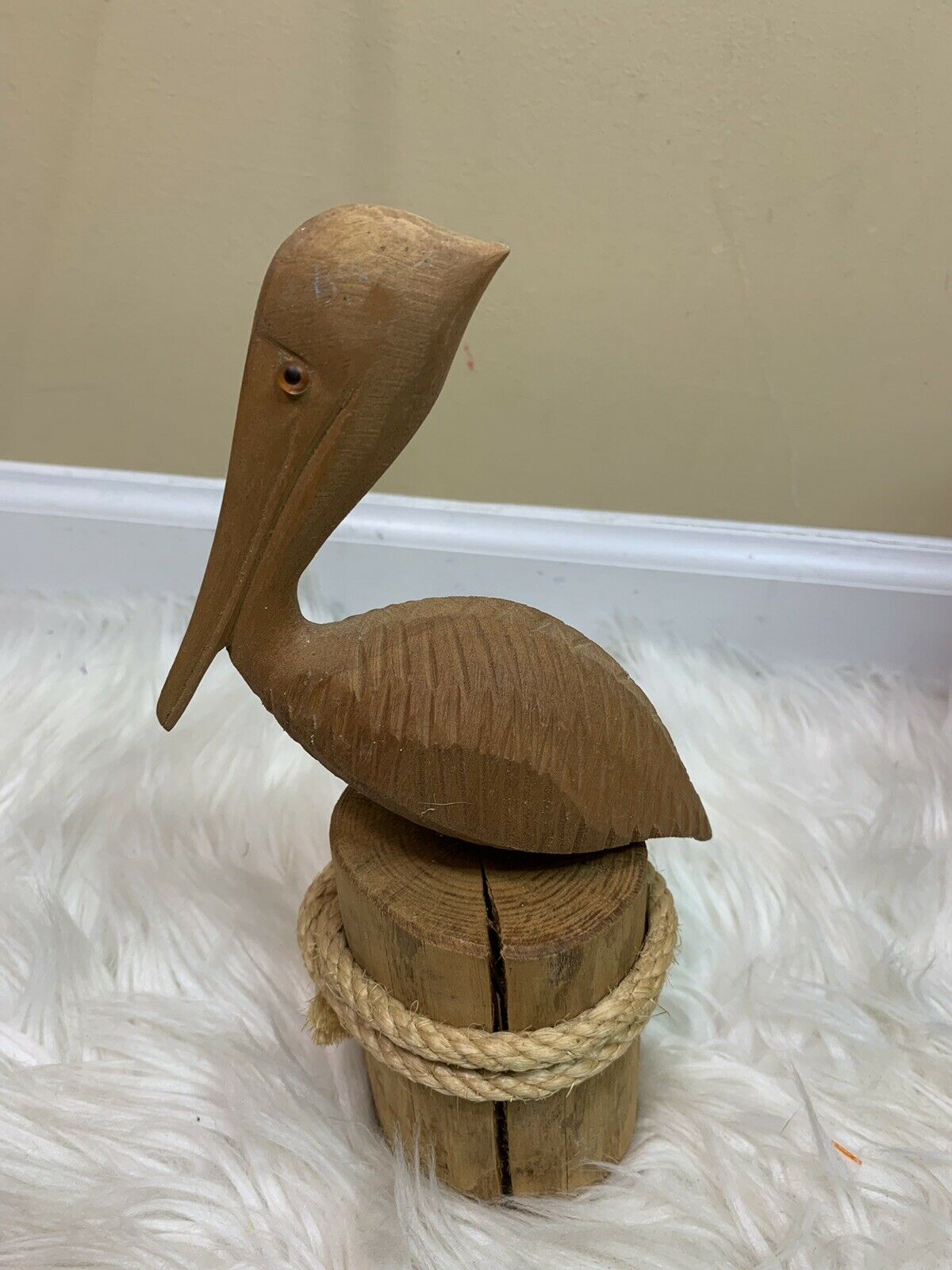 Vintage Wooden Carved Pelican Bird Wood Base Coastal Beach Nautical Rope 9”