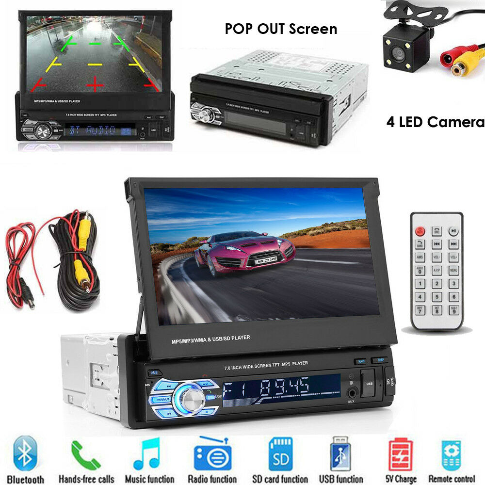Single 1din 7" Flip Stereo Car Radio Player Touch Screen Bt Usb Tf Aux + Camera