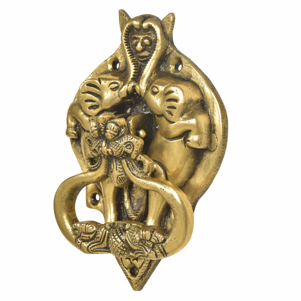 Antique Handmade Brass Demon Two Elephants Dragon Head Door Knocker Door Bell