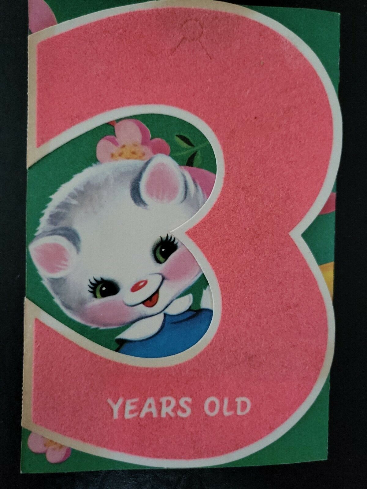 Vtg Rust Craft Birthday Greeting Card Anthropomorphic Kitten Cat Flock 3 Yr 50s