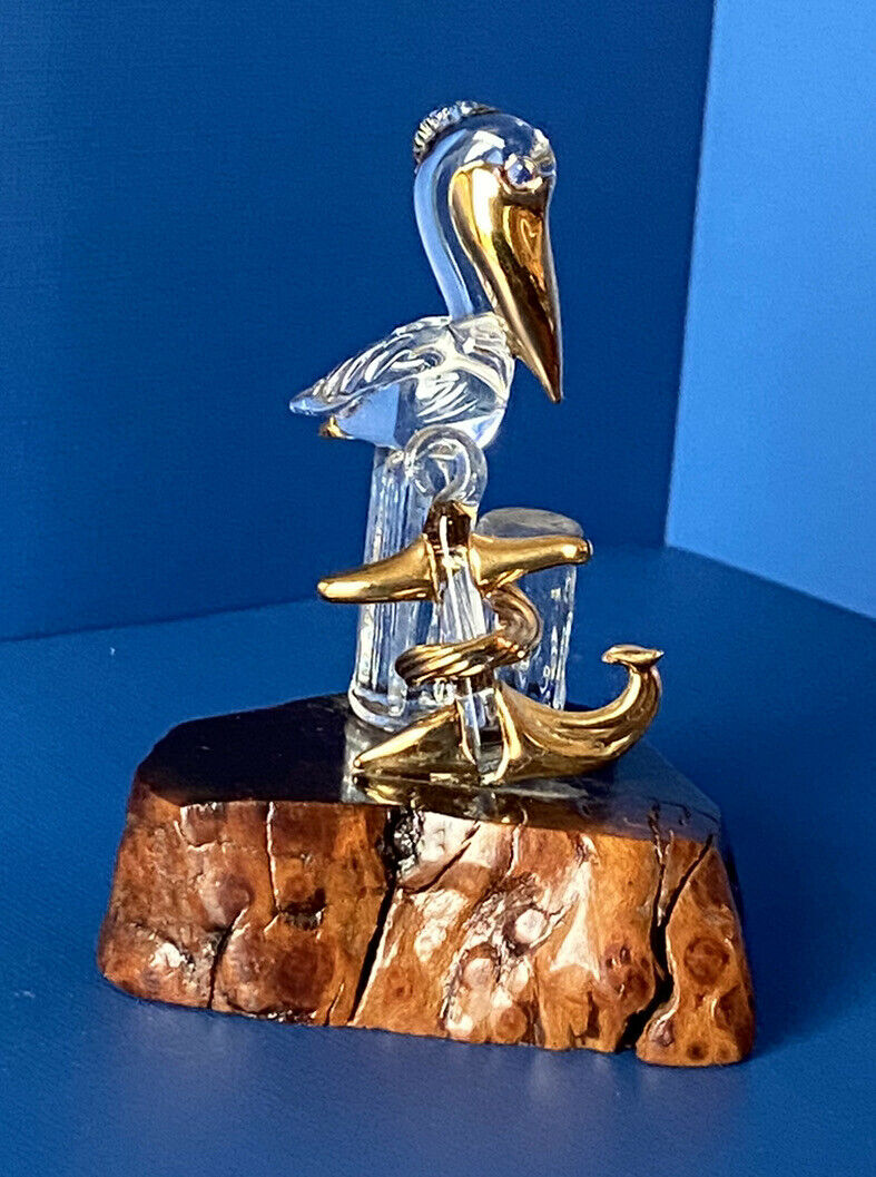 Glass Baron Pelican Hand Blown Art Glass Miniature Figurine 22kt Gold Accent