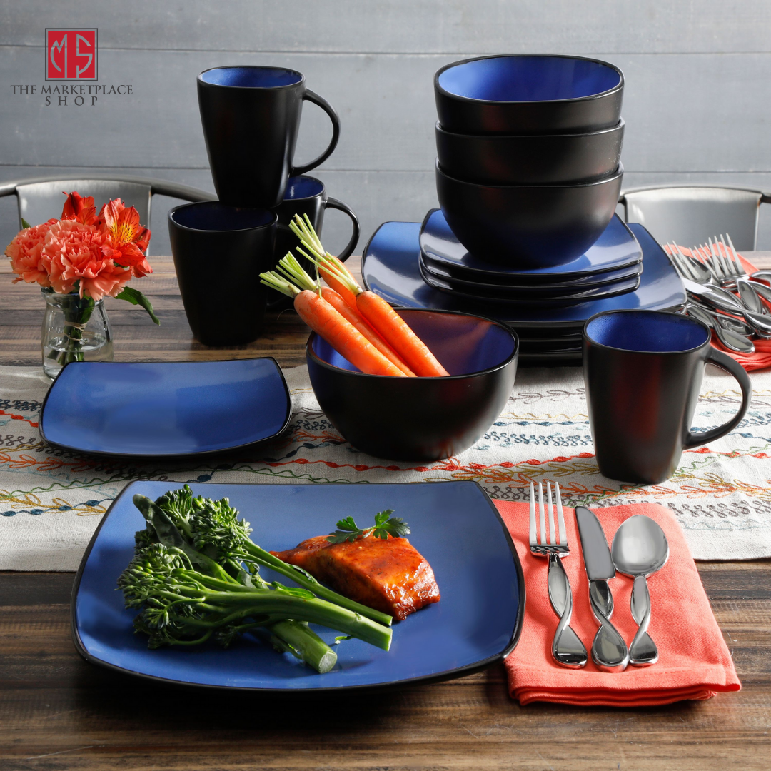 Dinnerware Set 16-piece Plates Bowls Mugs Dishes Stoneware Square Dinner Kitchen