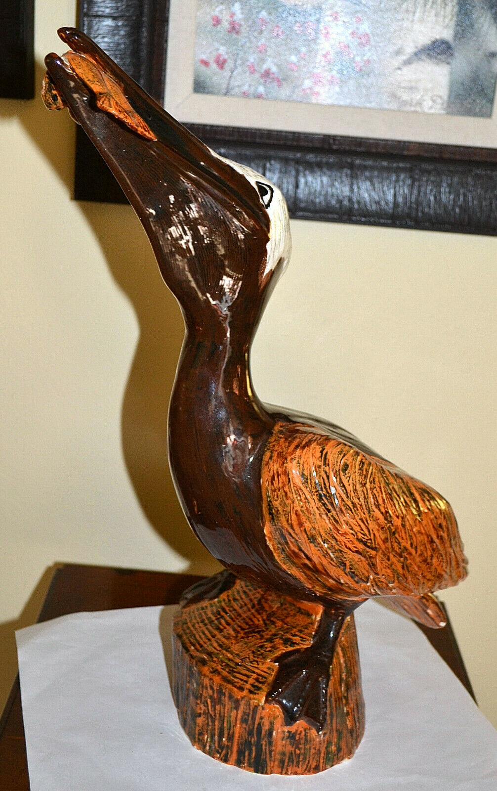Large 16" Ceramic Pelican Bird, Fish In Beak Figurine Garden Home Nautical Decor