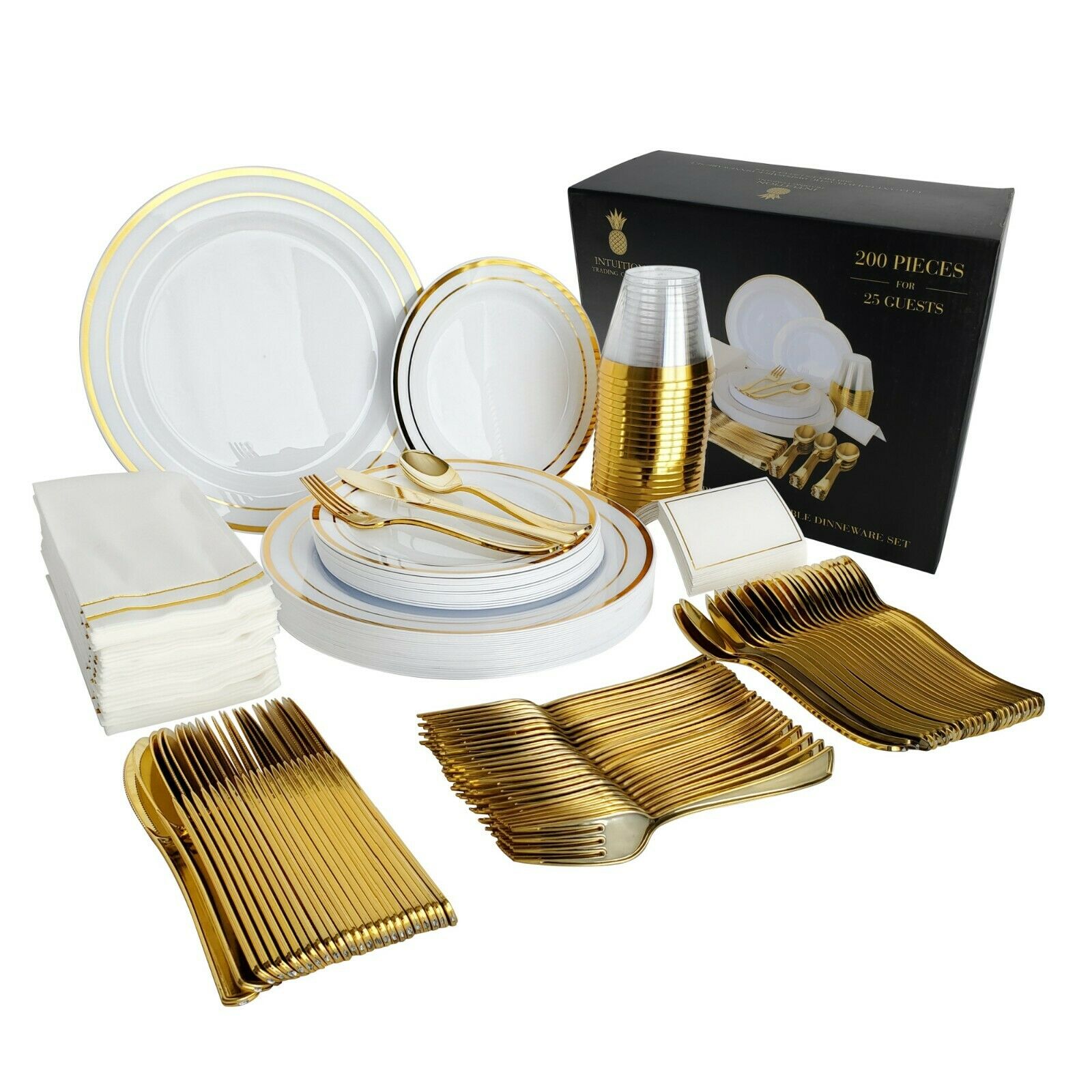 200 Piece Gold Plastic Disposable Dinnerware Set & Plates For 25 Party Guests