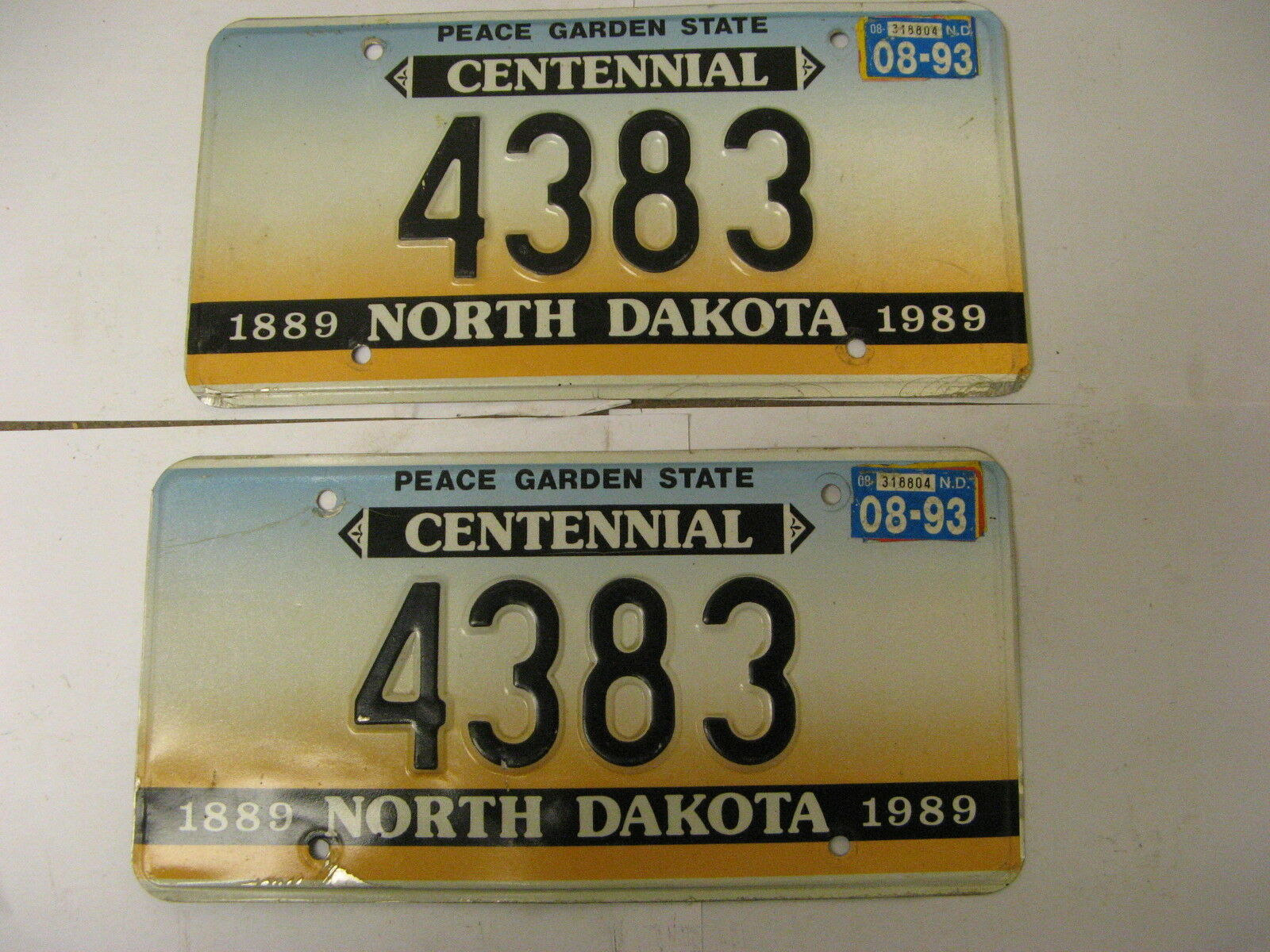 1989 89 1993 93 North Dakota Nd License Plate Centennial 4383 Pair