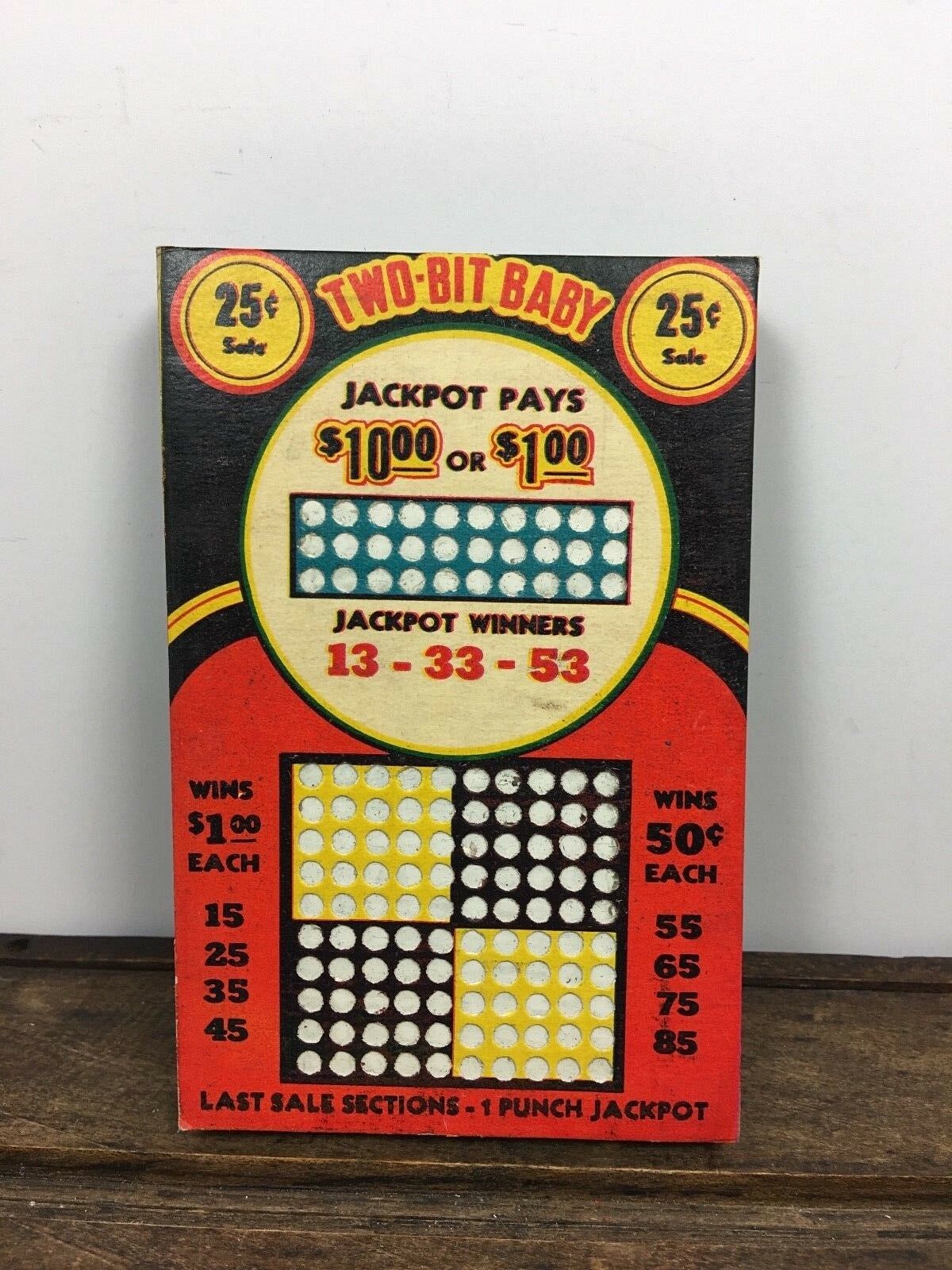 Vintage Two Bit Baby 25¢ Sale Gambling Lotto 100 Hole Punch Board Blue