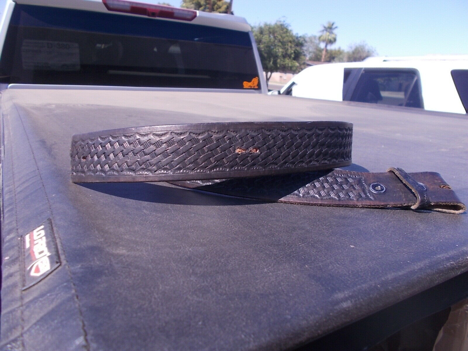 Damaged Cu Toff End Weave Pattern Stamped Leather Work Belt Sz 34.  39" Long
