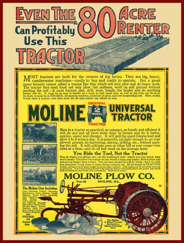 1917 Moline Plow Co. New Metal Sign: Universal 2-wheel Tractor - Moline Illinois