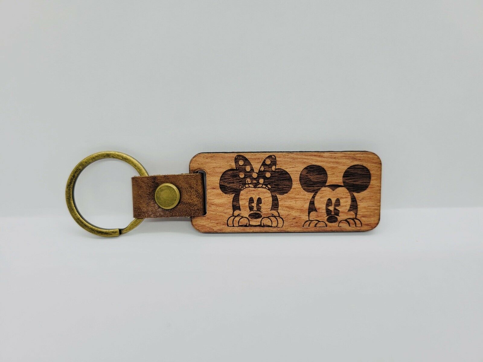 Mickey And Minnie Engraved Cherry Wood Keychain Pop Gift Custom Order Available