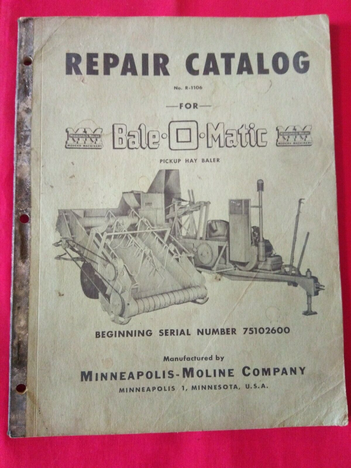 Vintage Minneapolis Moline Repair Catalog Manual Bale-o-matic R-1106 Original