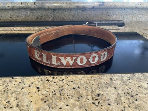 Vintage Western Hand Tooled Leather Belt With Silver Lettering. Length 45 Inch