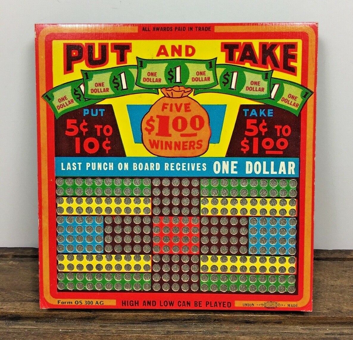 Vintage Dollar Put & Take Gambling Lotto 300 Hole 5¢-10¢ / 5¢-$1 Punch Board Blu