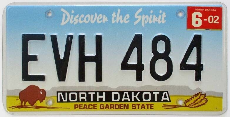 North Dakota 2002 Bison Buffalo Prairie Graphic License Plate, Evh 484