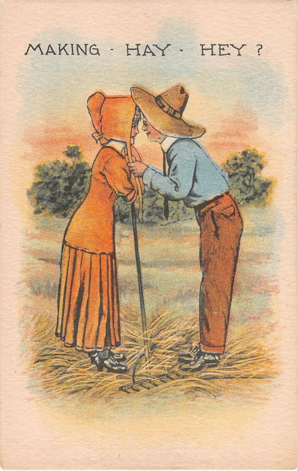 Farmer & Pretty Lady With Rake In Hay Field-old Comic Postcard-making Hay - Hey?