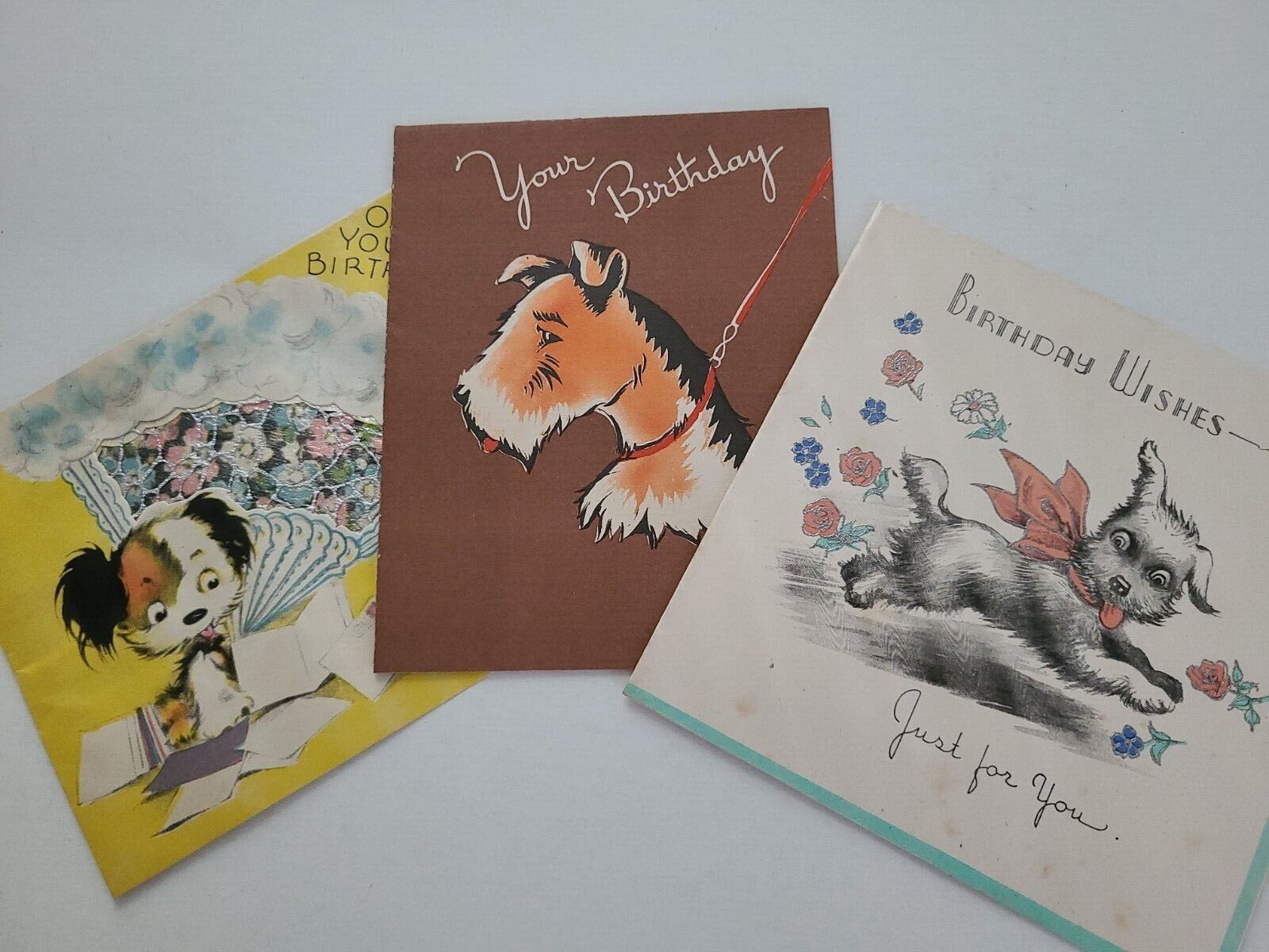 3 Vtg 1936-1938 Puppy Dogs Birthday Greeting Cards