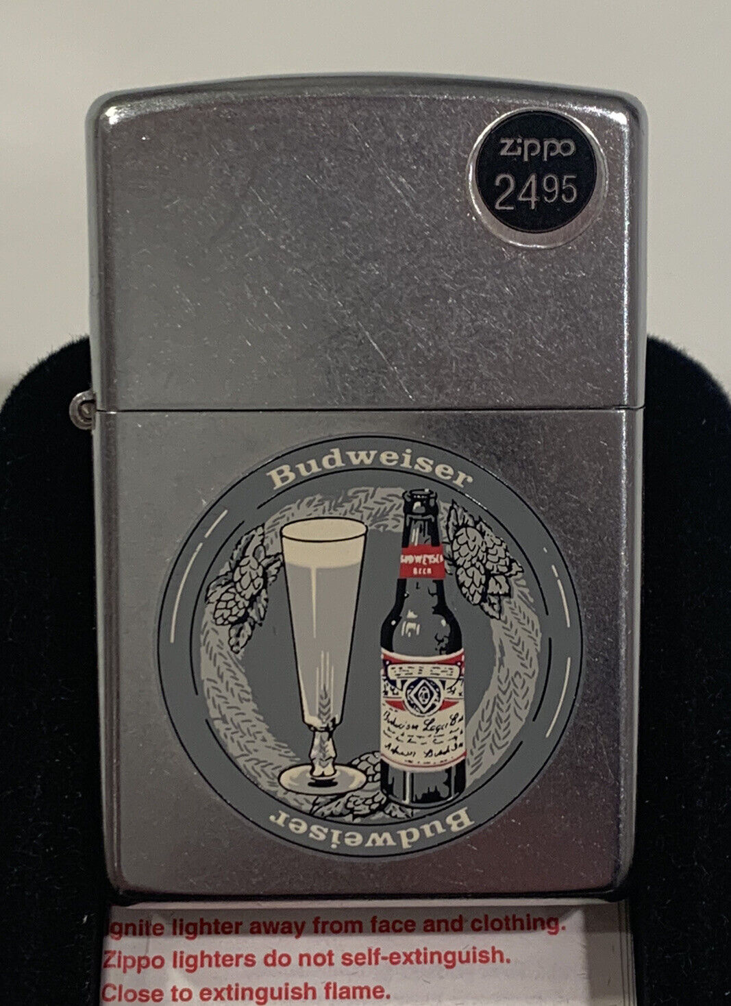 Budweiser Beer  "bud Bottle & Glass" 2002 Silver Plate Design Zippo Lighter New