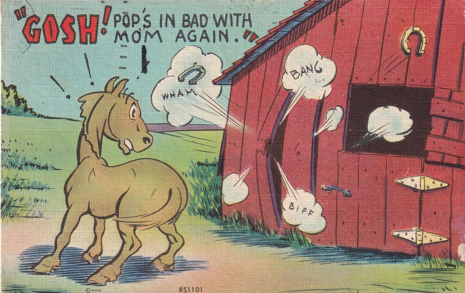 Gosh Pop's In Bad With Mom Again Horse 1949 Kansas City Lamar Comic Postcard B15