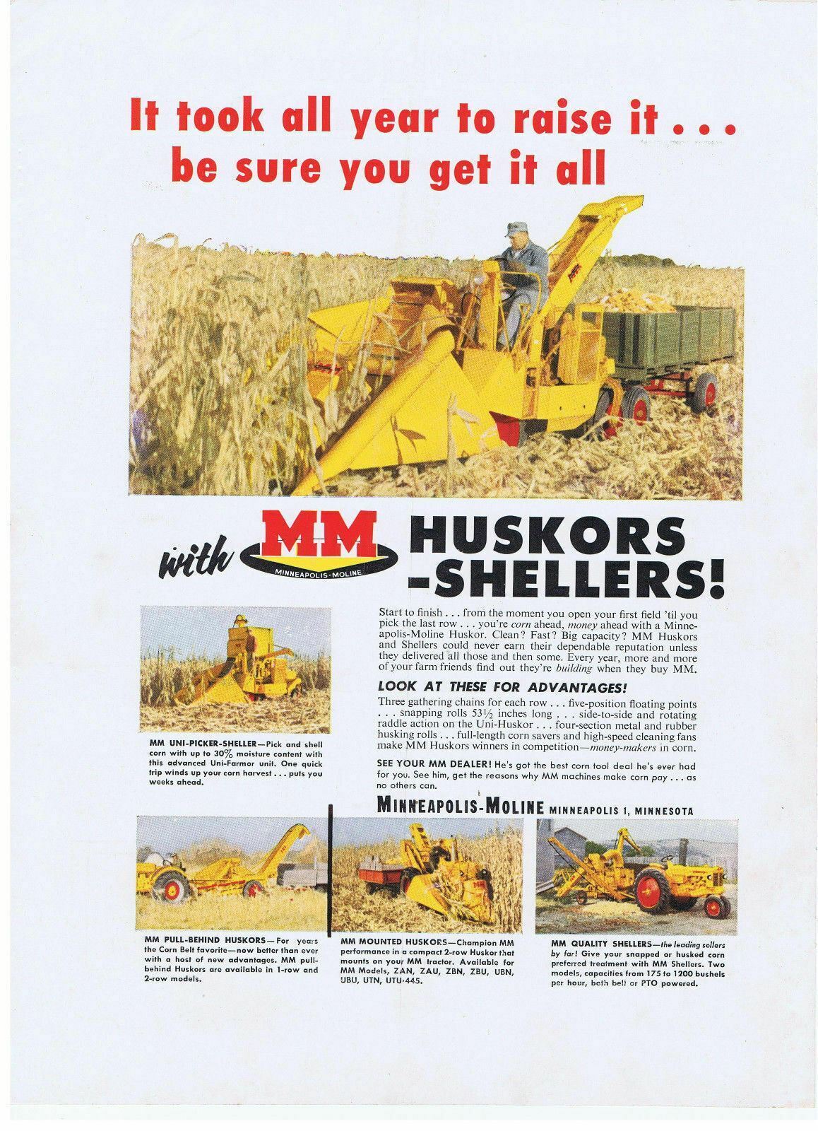 1957 Minneapolis-moline Huskors & Shellers Print Ad