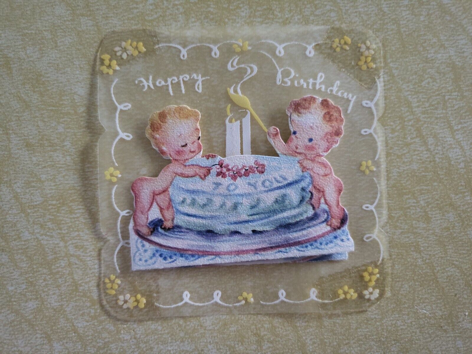 Vtg Birthday Greeting Card Plastic Cherubs Cake Light Candle Sugar And Spice 40s