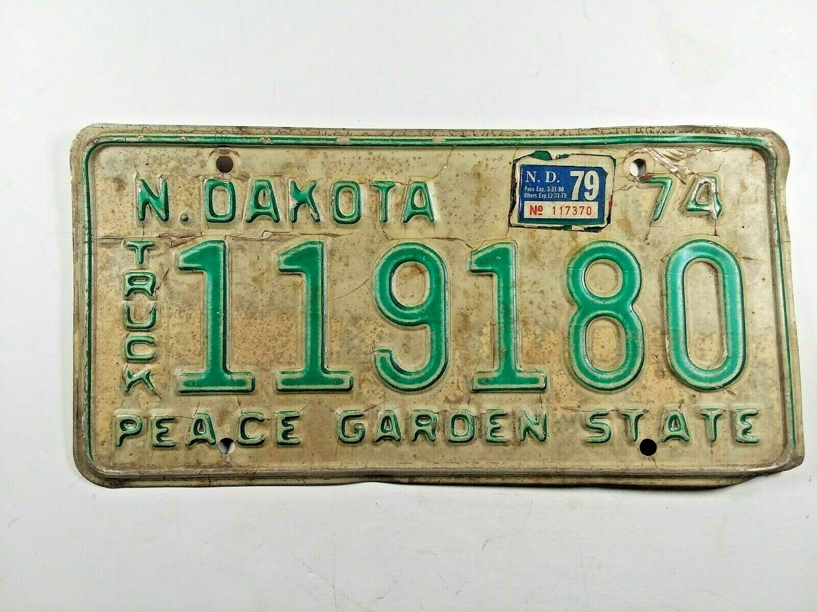 1974 North Dakota Nd Truck License Plate 119180, Peace Garden State, Green White
