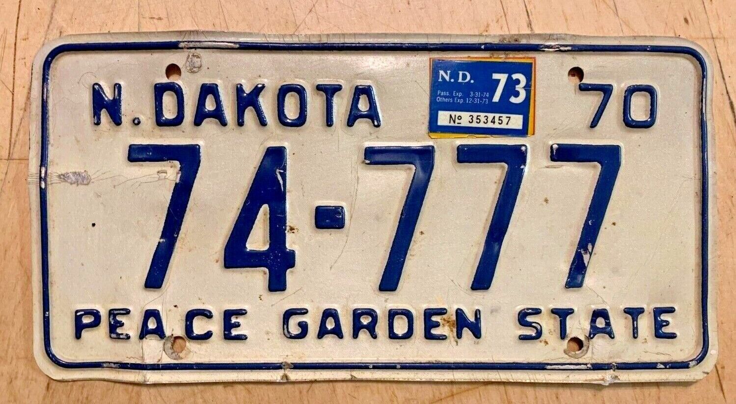 1970 1973 North Dakota Triple 7 Peace Garden  Auto License Plate " 74 777 " Nd