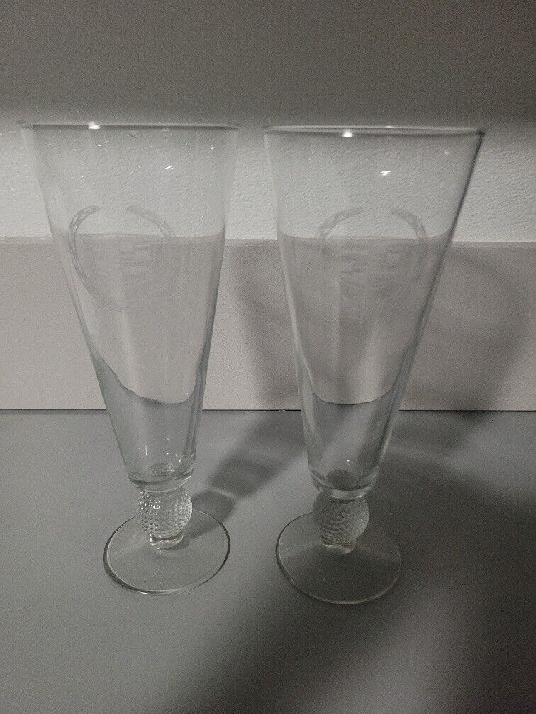 Set Of 2 Two Lot Cadillac Engraved Clear Glass Pilsner 9.5" Tall Beer Glass