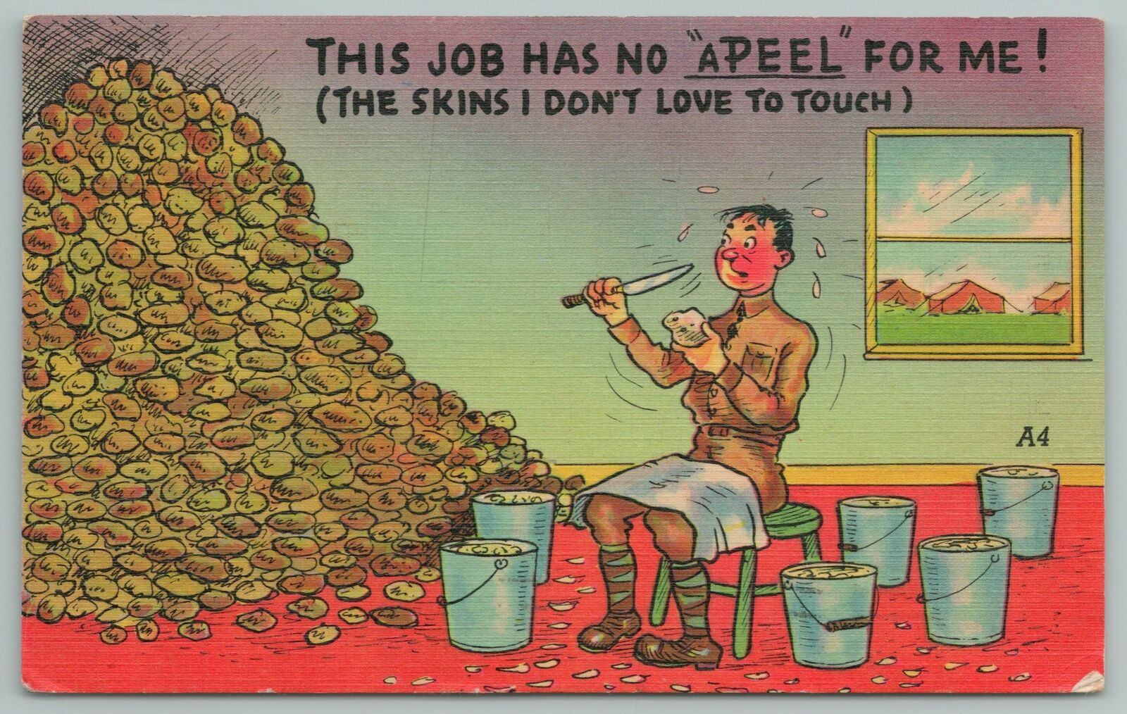 Military Comic Pun~job Has No Apeel For Soldier~peeling Potatoes~ Linen Postcard