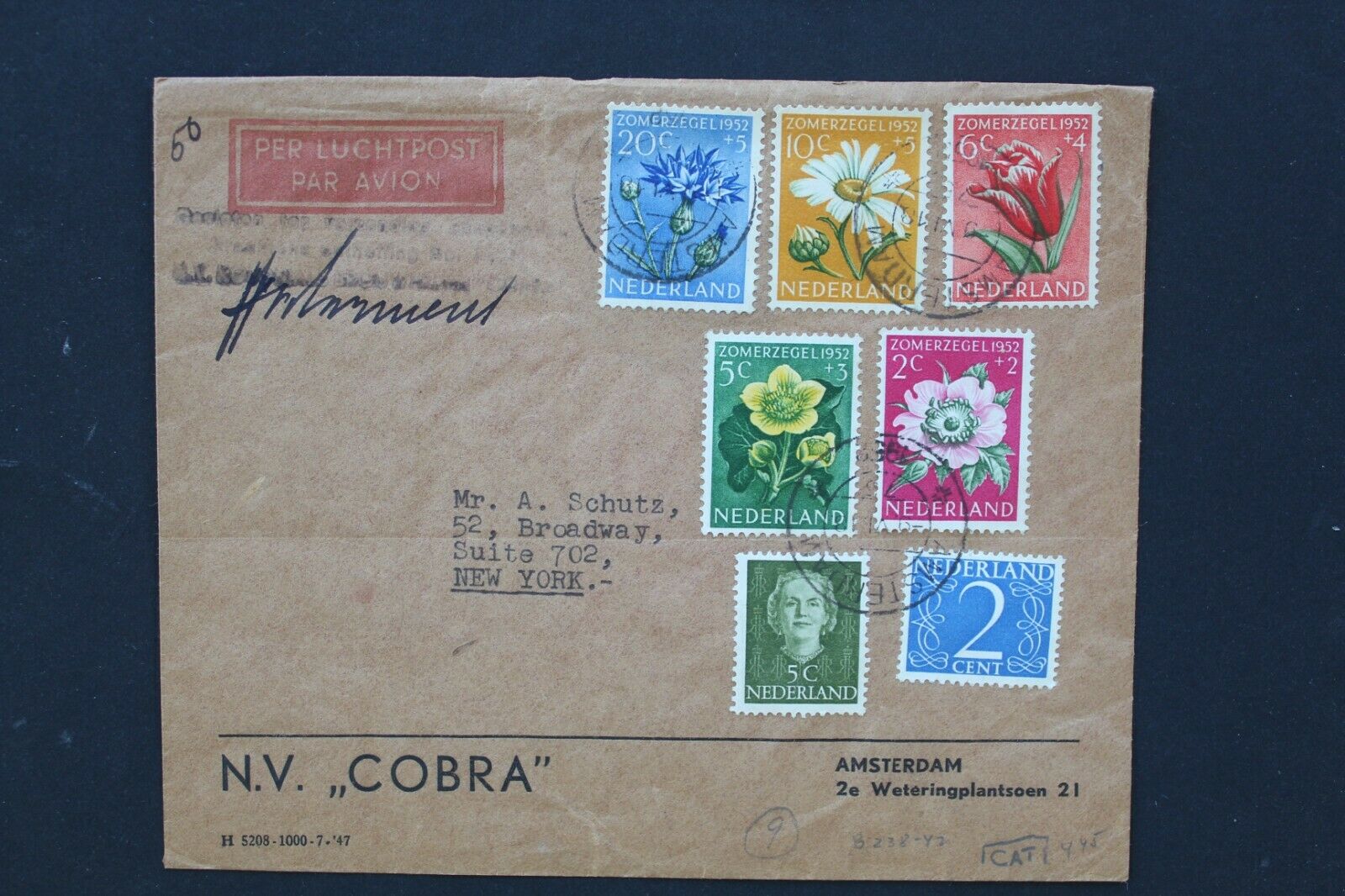Sc5 Netherlands 1952 Charity Stamps (flowers) On Air Mail Cover 50c Postage Paid