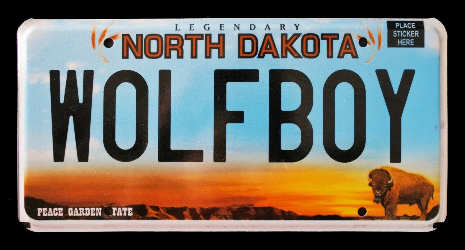 North Dakota Vanity Auto License Plate " Wolfboy "  Peace Garden State Wolf Lobo