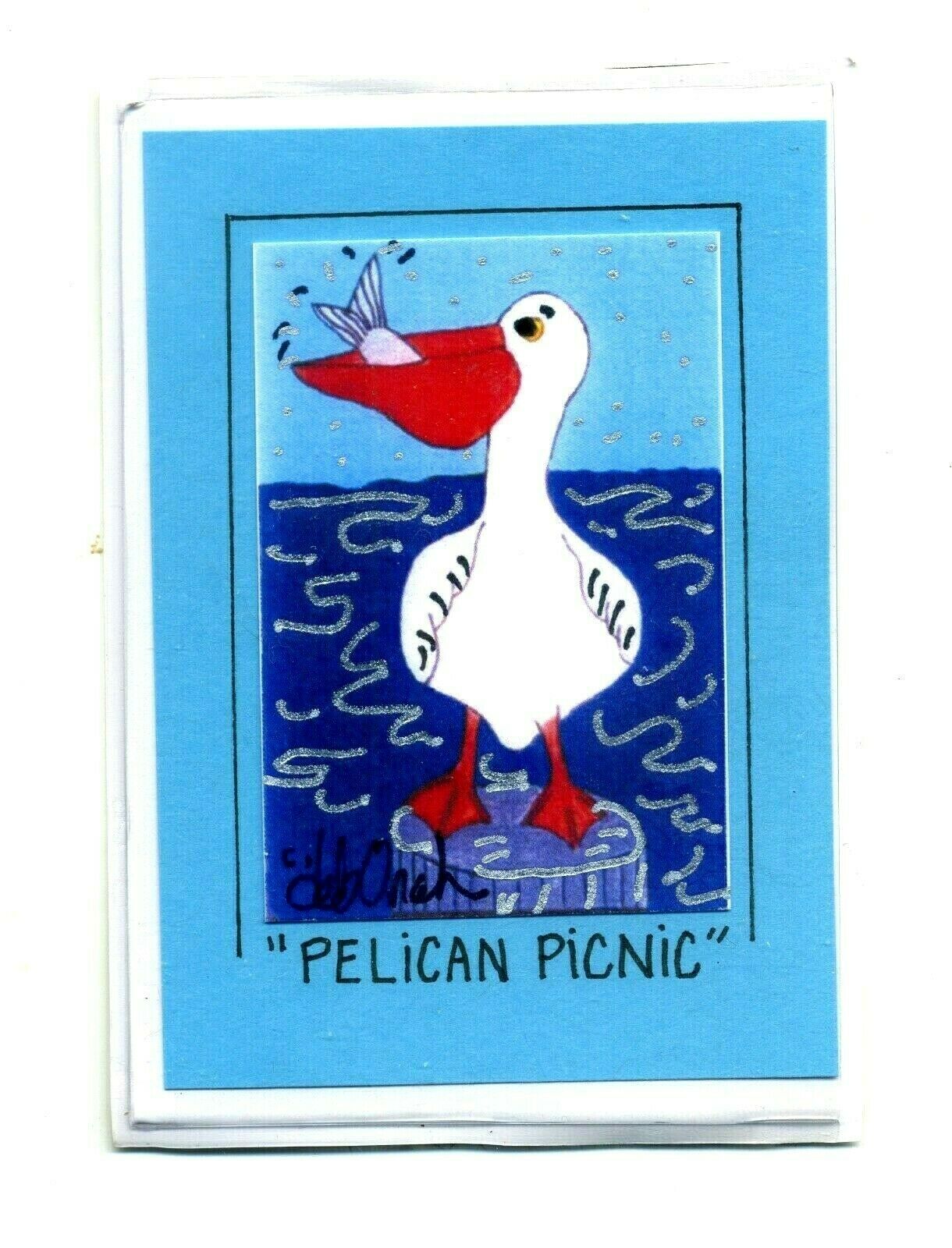Pelican & Fish Mixed-media Florida Folk Art In Magnet Hand-decorated Print