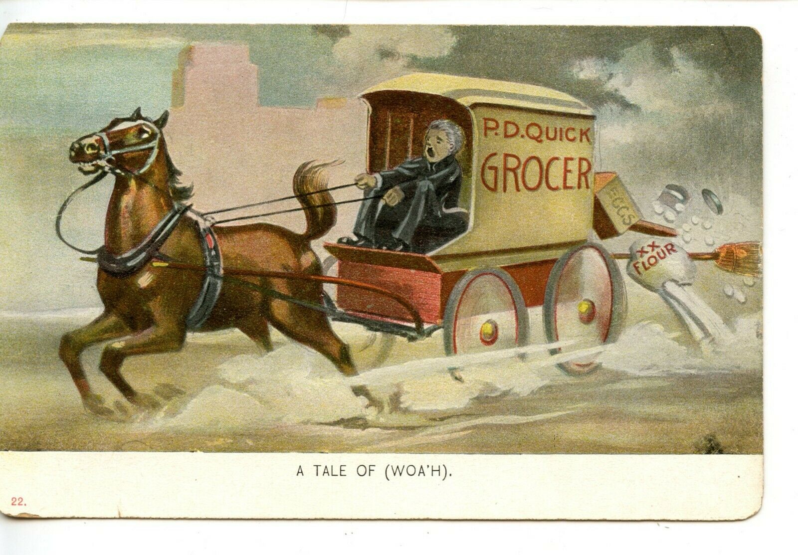 Tale Of Woah-runaway Horse Cart-p D Quick Grocer-comic Humor Vintage Postcard