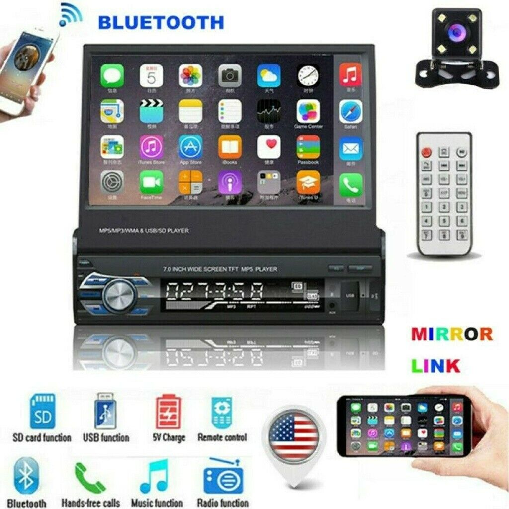 Single 1 Din 7" Flip Stereo Car Radio Player Touch Screen Bt Usb Tf Aux + Camera