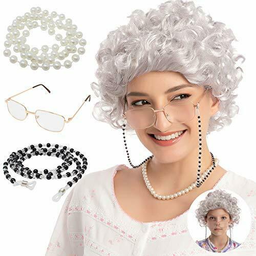 Adult/child Curly Grey Granny Wig Set With Wig Cap, Glasses, Eyeglass Chain