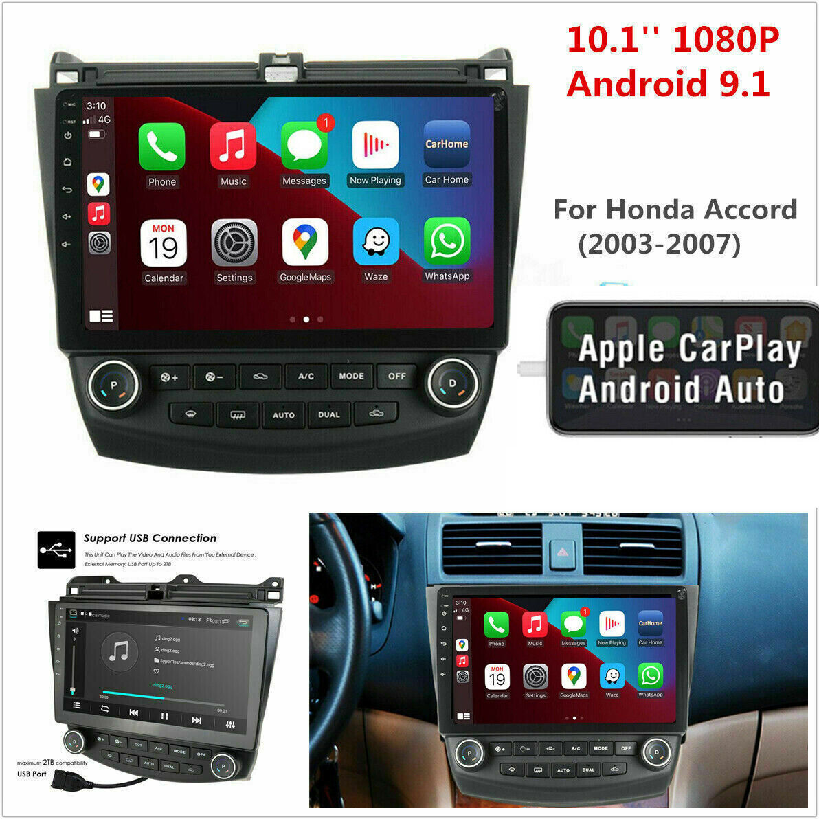 10.1" Apple Android Auto Carplay Car Radio Gps Stereo For 2003-2007 Honda Accord