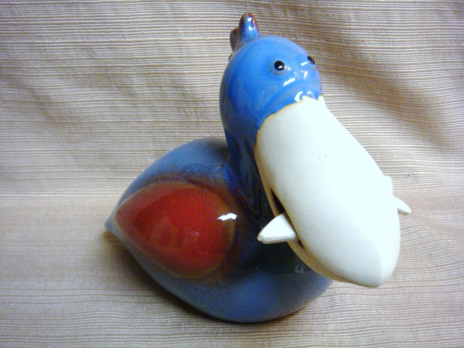 Nib Red & Blue & White Stoneware Pelican W/ Fish - Very Cute
