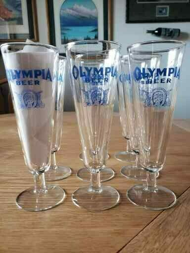 Now 30% Off!  (8) Vntage Olympia Beer Footed Pilsner Glasses Blue Good Luck Logo