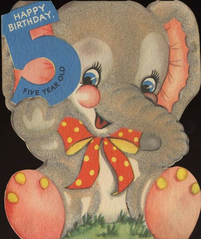 Vintage Happy Birthday Greeting Card Flocked Elephant 5 Year Old 1950s Cute